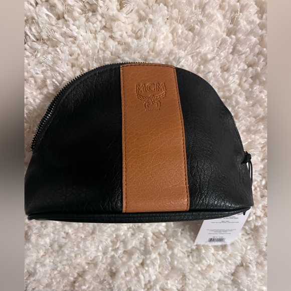 MCM Embossed Logo stripe Clutch Cosmetic Pouch Bag Black & Beige Tan - Picture 2 of 8